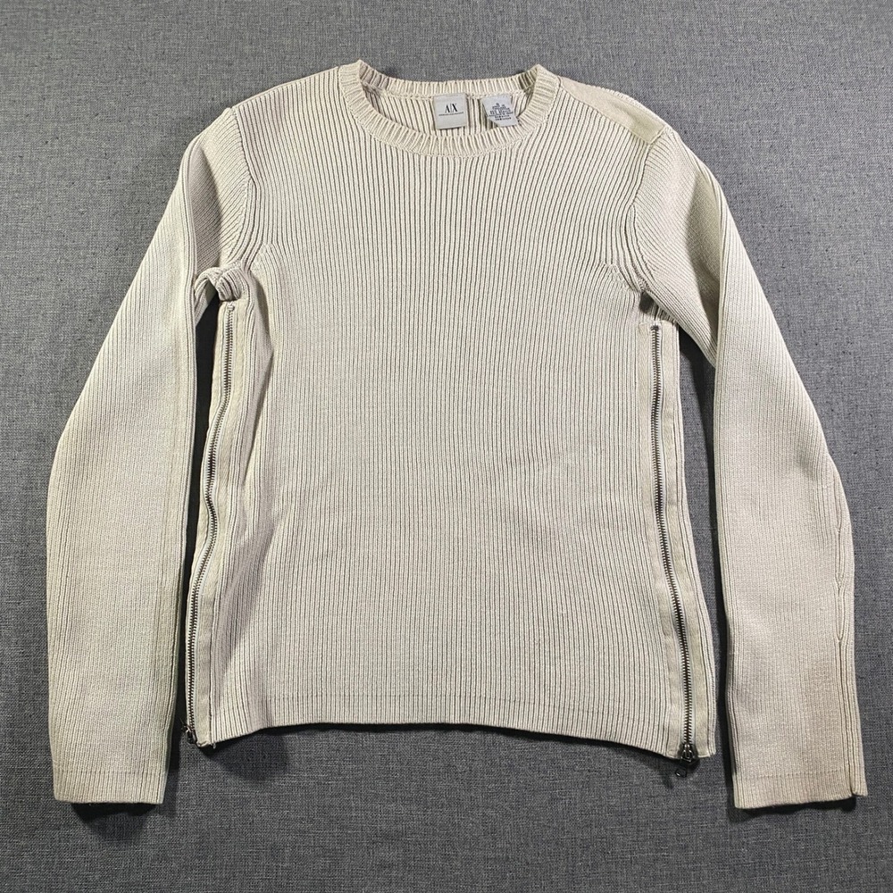AX Armani Exchange Ribbed Knit Sweater Long Sleeve Crew Neck Side Zip Cream S
